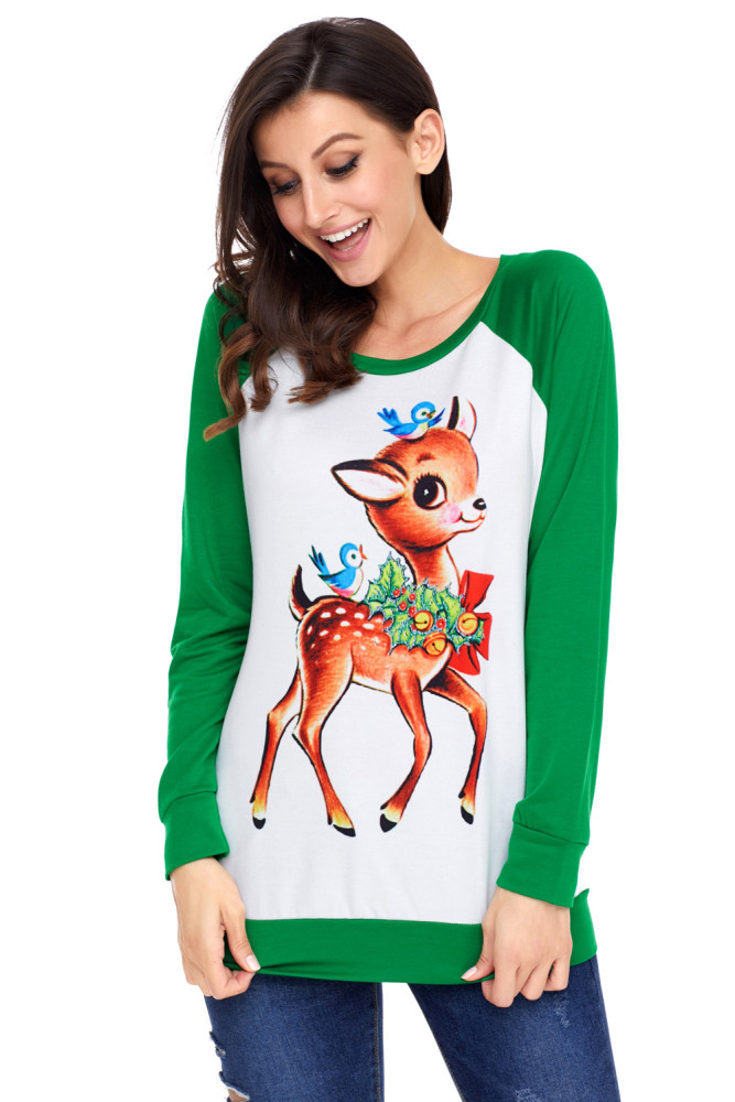 Reindeer and Birds Green Long Sleeve Christmas Shirt