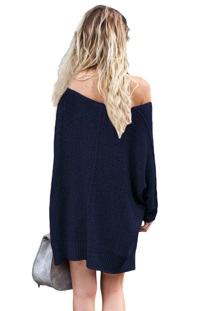 Navy Blue Oversized Knit High-low Slit Side Sweater