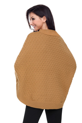 Khaki High Neck Waffle Knit Poncho