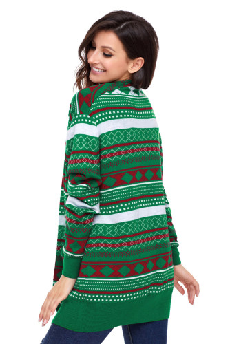 Green White Red Geometric Knit Christmas Cardigan