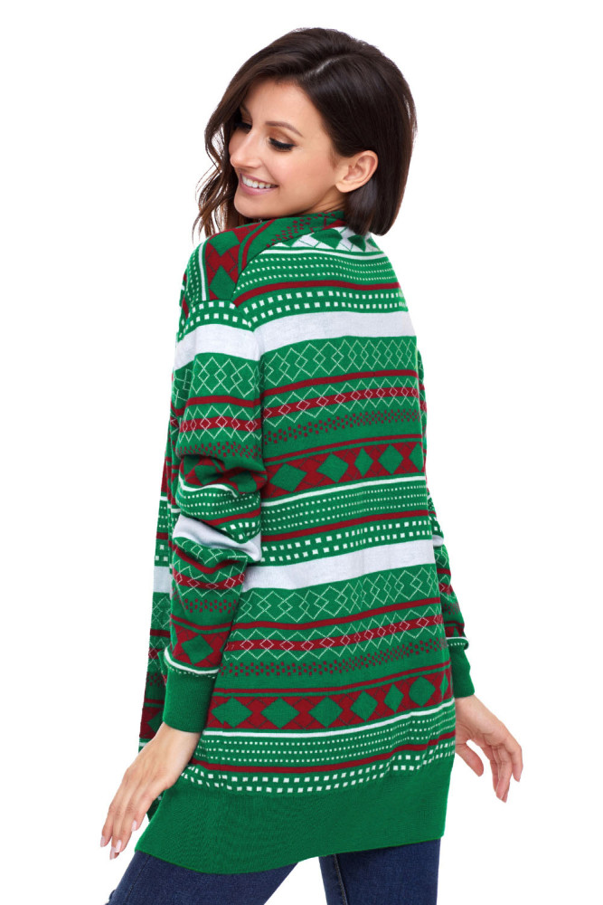 Green White Red Geometric Knit Christmas Cardigan