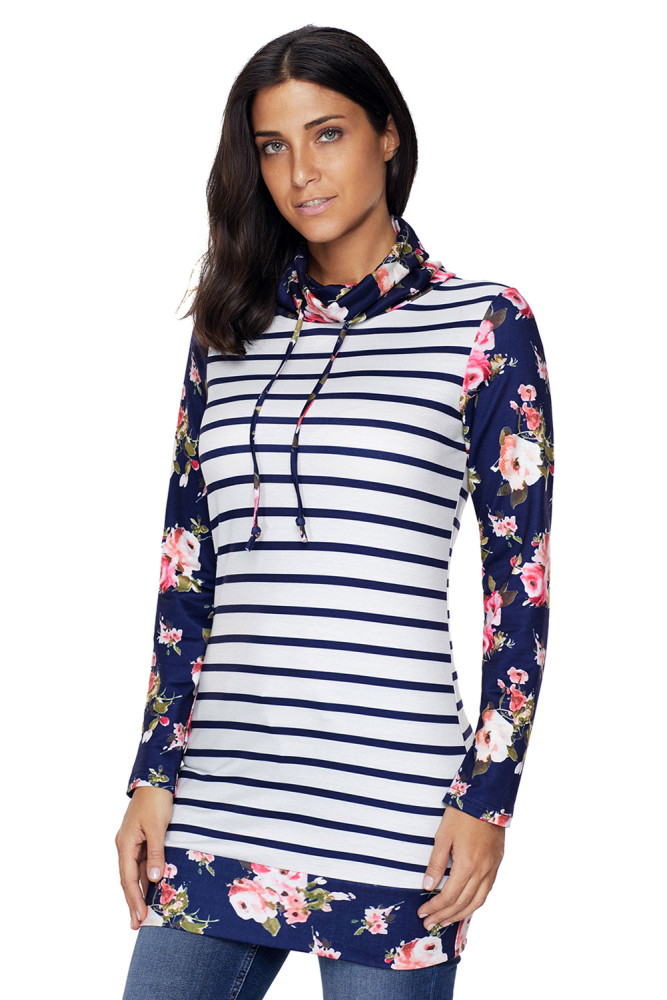 Dark Blue Striped and Floral Sweatshirt