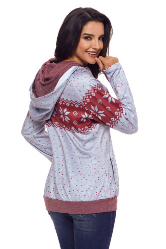 Gray Double Hood Snowfall Print Sweatshirt