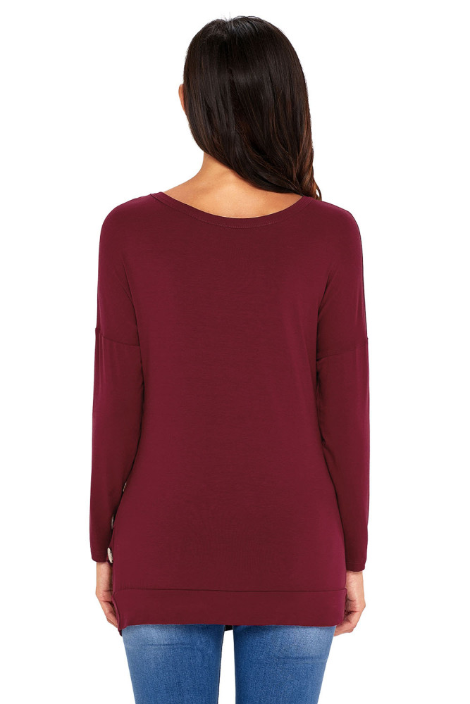 Claret Buttoned Side Long Sleeve Spring Autumn Womens Top