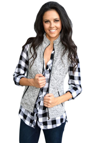 Gray Zipped Quilted Vest with Pockets