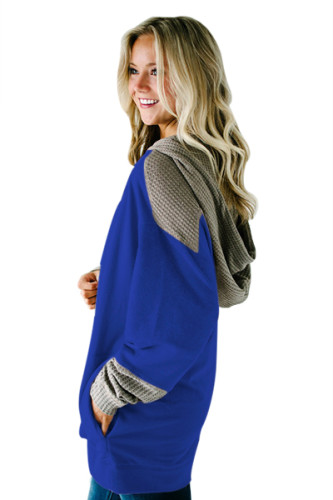 Waffle Knit Splice Royal Blue Pocket Hoodie