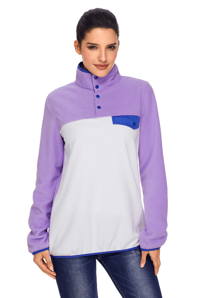 Purple Stand Collar Buttons Fleece Pullover Top