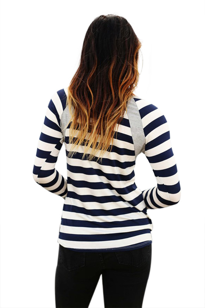 Grey Splice Accent Navy White Striped Long Sleeve Shirt