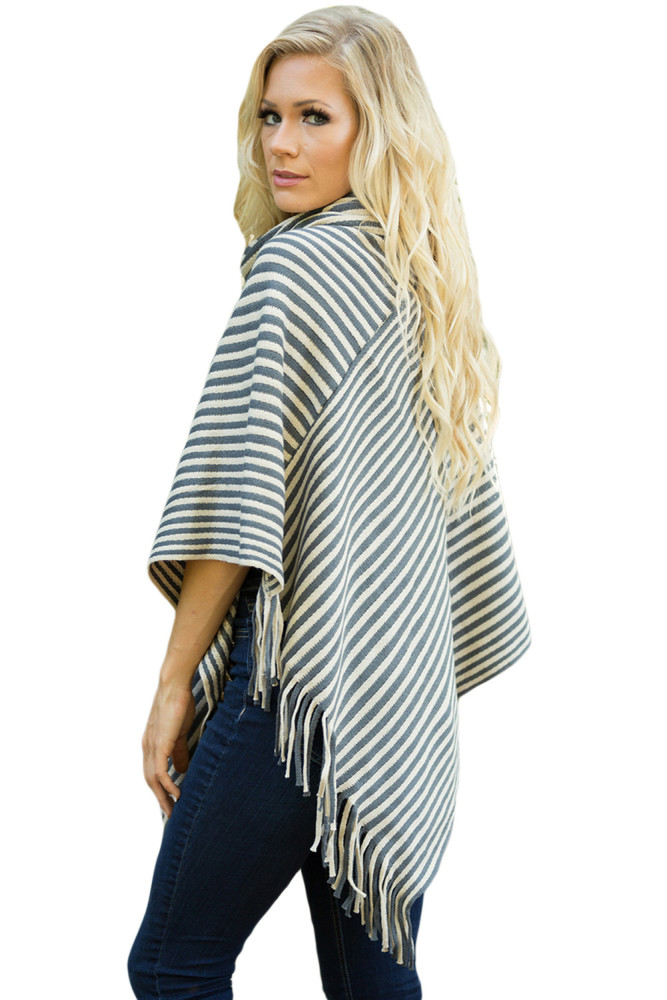 Gray White Stripes Cowl Neck Poncho Sweater
