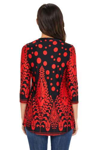 Red Floral Notch Neck Pin-tuck Tunic