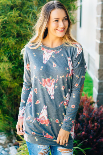 Floral Print Elbow Patch Grey Long Sleeve Top