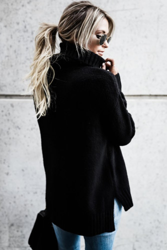 Black Causal Knit High Neck Loose Sweater