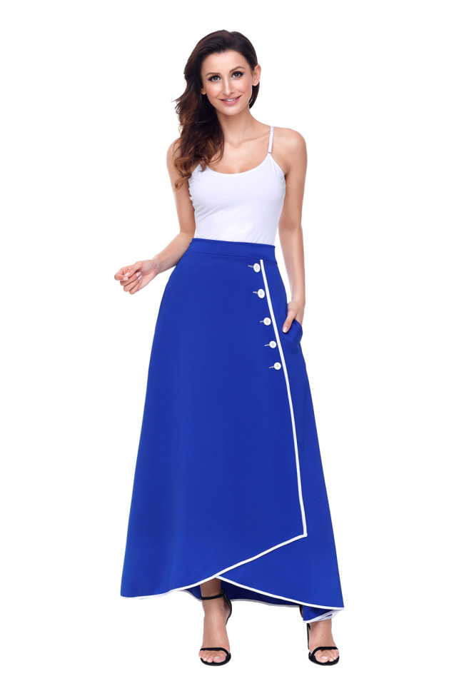 Royal Blue Piped Button Embellished High Waist Maxi Skirt