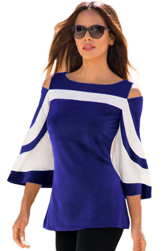 Blue White Colorblock Bell Sleeve Cold Shoulder Top