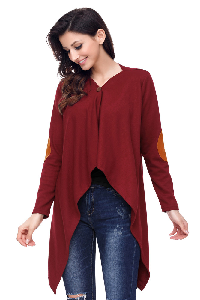 Purplish Red Elbow Patch Women Cardigan
