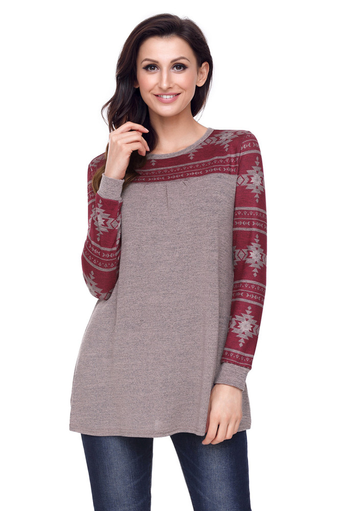 Taupe Burgundy Aztec Long Sleeve Top
