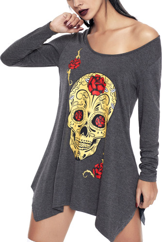 Grey Handkerchief Hem Rose Skull Tunic Top