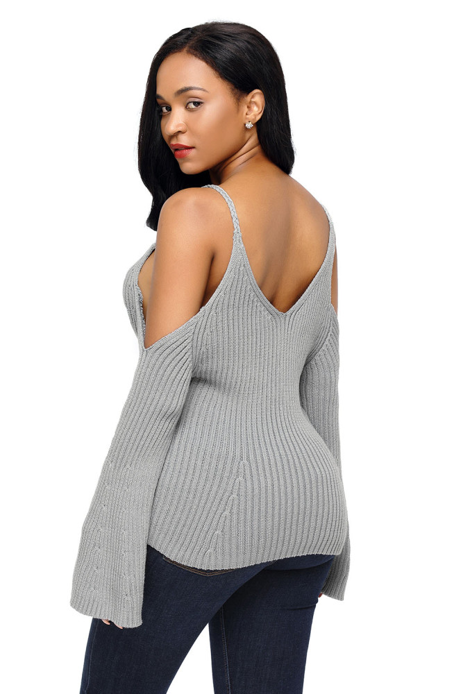 Gray Cold Shoulder Bell Sleeve Sweater