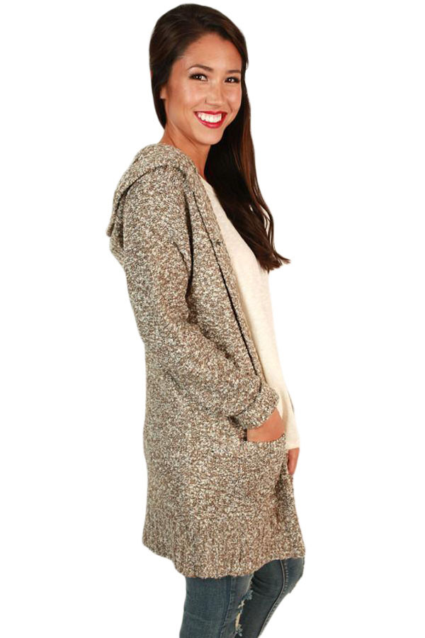 Heathered Khaki Long Sleeve Hooded Long Cardigan