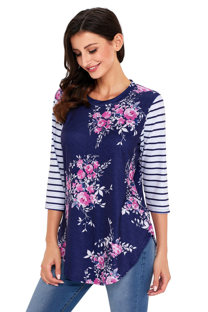 Navy Striped Sleeves and Floral Print Shirt