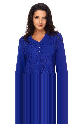Blue Lace Panel Split Neck Roll Tab Sleeve Blouse