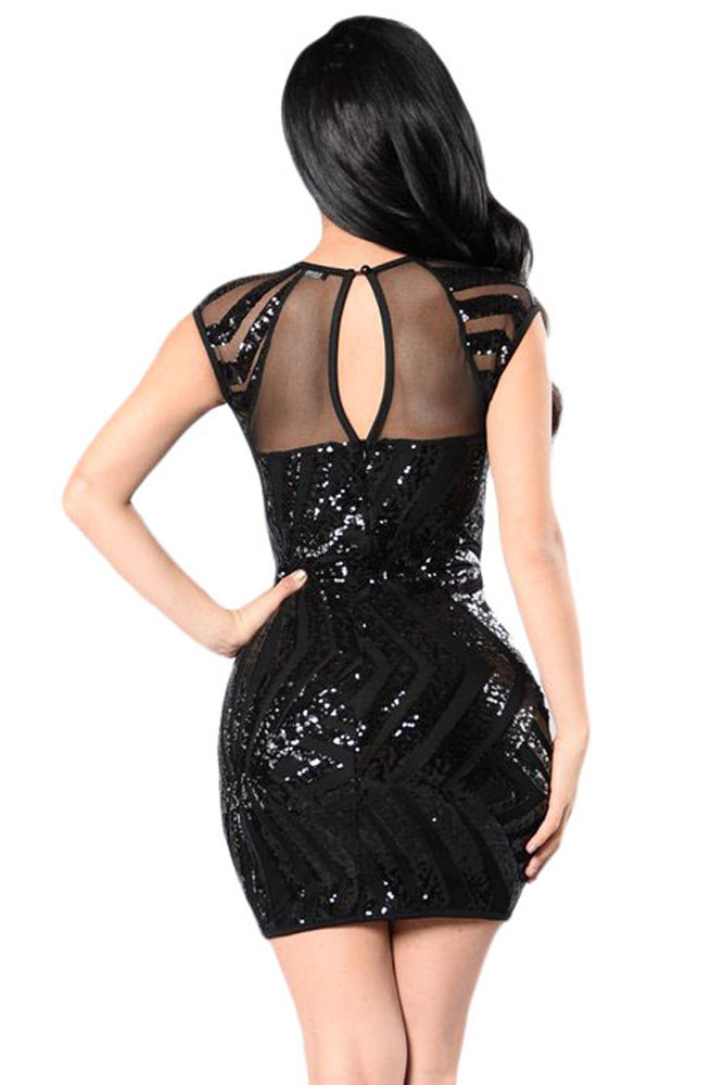 Black Sequin Mesh Cutout Sexy Club Dress