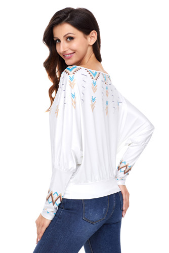 White Printed Batwing Sleeve Skew Neck Blouse