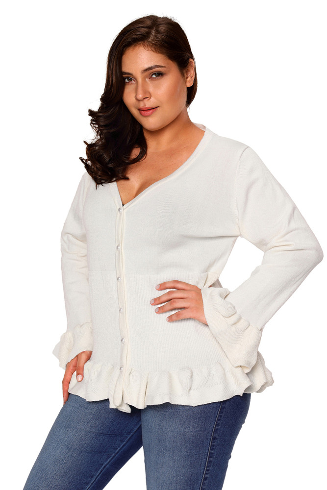 White Ruffle Hem V Neck Plus Size Cardigan