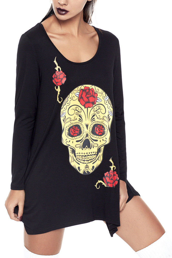 Black Handkerchief Hem Rose Skull Tunic Top