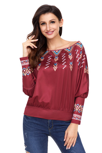 Red Printed Batwing Sleeve Skew Neck Blouse