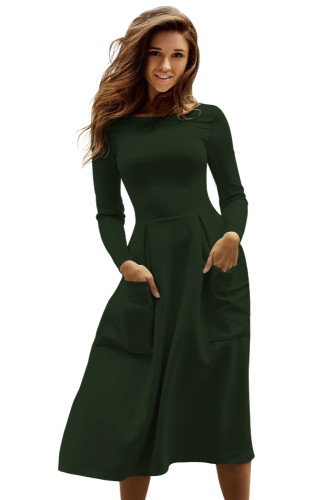Olive Bateau Collar Casual Big Pocket Skater Dress