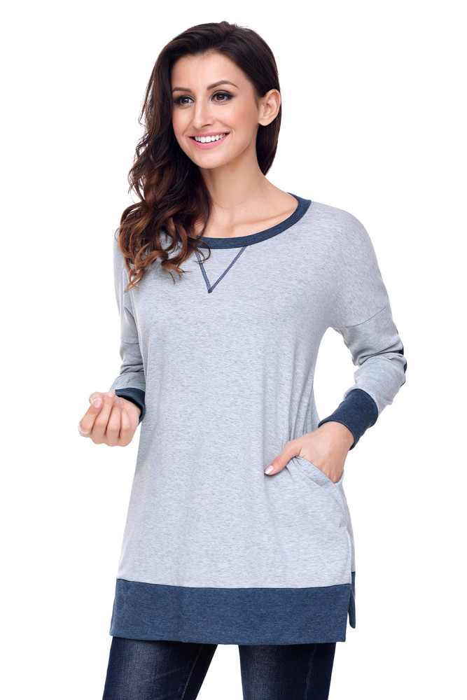 Grey Side Pocket Elbow Patch Colorblock Tunic