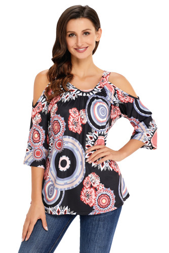 Dark Boho Print Half Sleeve Cold Shoulder Blouse