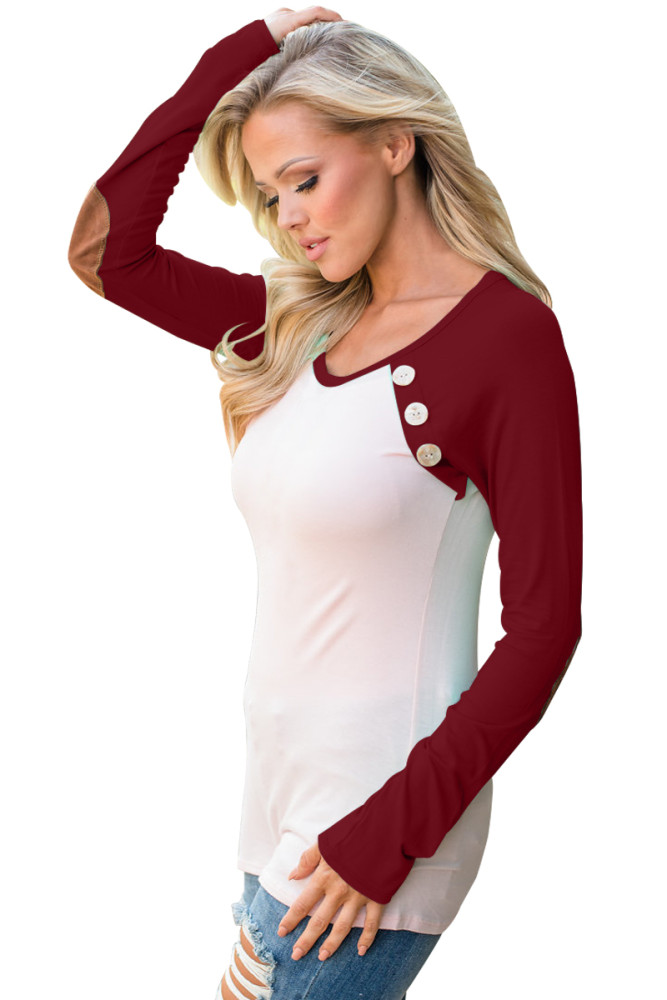 Burgundy Raglan Sleeve Elbow Patch and Buttons Top