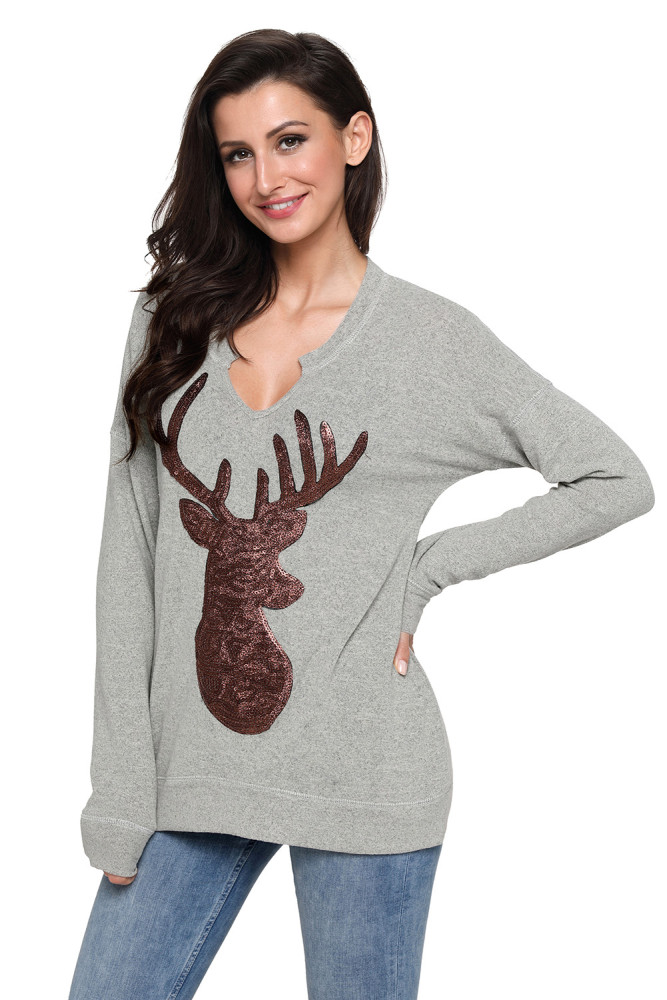 Gray Womens Sequin Christmas Reindeer Top