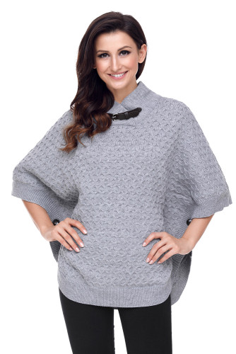 Gray High Neck Waffle Knit Poncho
