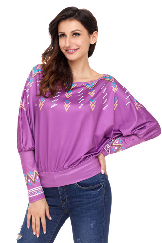 Purple Printed Batwing Sleeve Skew Neck Blouse