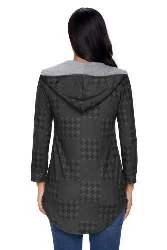Charcoal Houndstooth Plaid Button V Neck Hoodie