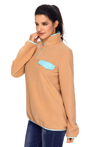 Khaki Stand Collar Buttons Fleece Pullover Top