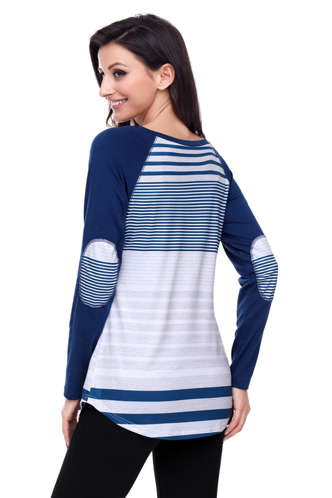 Navy Striped Patch Elbow Raglan Blouse