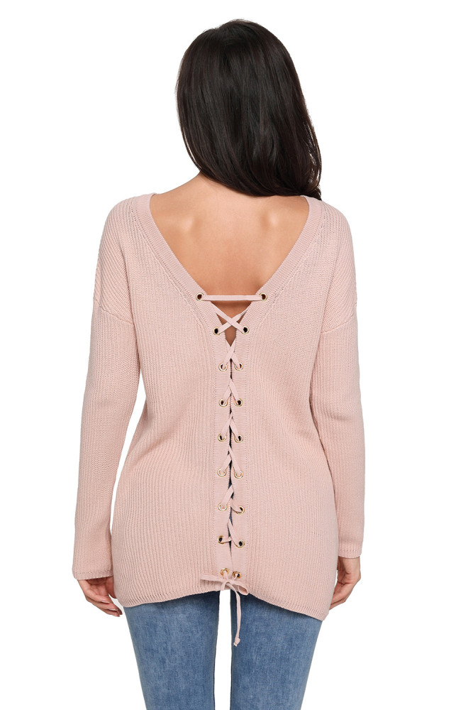Khaki Sexy V Neck Lace up Front Sweater