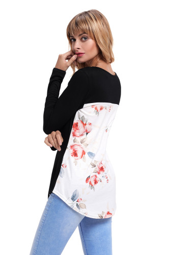 Black Crisscross Neck Floral Back Long Sleeve Top