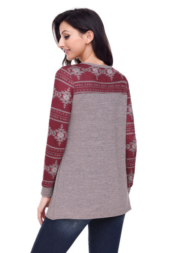 Taupe Burgundy Aztec Long Sleeve Top