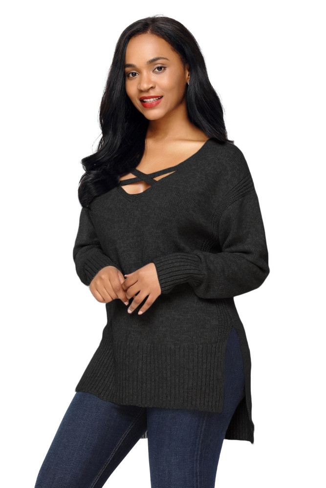 Black Deep V Neck Crisscross Knit Sweater
