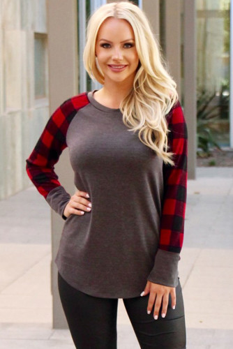 Red Black Plaid Sleeve Taupe Top