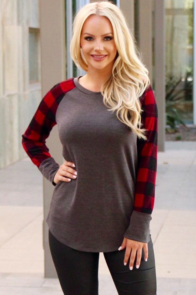 Red Black Plaid Sleeve Taupe Top