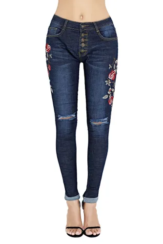 Floral Embroidered Knee Distress Skinny Jeans