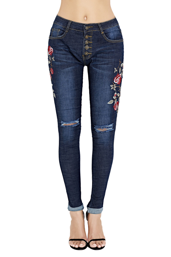 Floral Embroidered Knee Distress Skinny Jeans