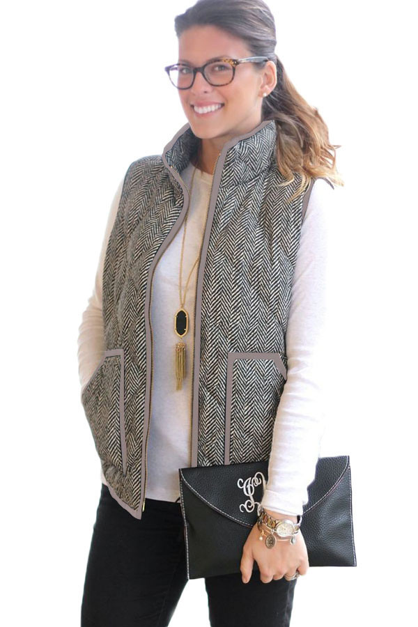 Gray Zipped Quilted Vest with Coffee Frame