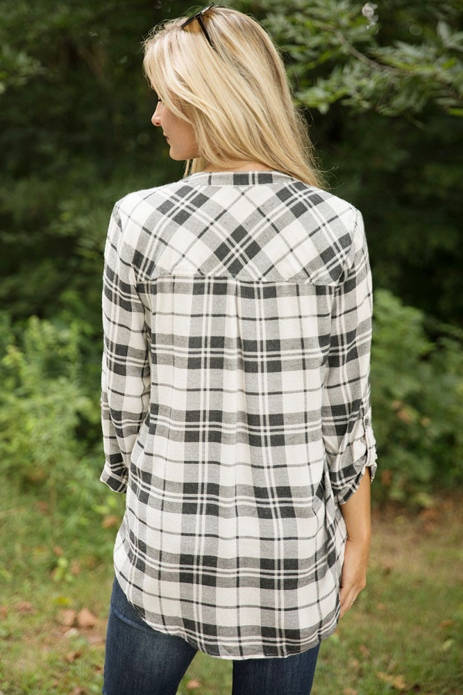 Grey White Plaid Long Sleeve Preppy Blouse